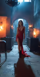 a woman in a red dress and boots