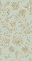 an abstract floral pattern in light blue, gold and tan