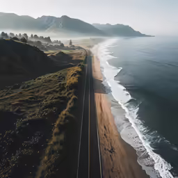 an overhead view of the train tracks next to a beach