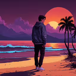 a man is standing on the beach in front of an orange and purple sky,a man standing on top of a beach next to the ocean
