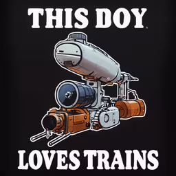 this boy loves trains, a tank with a camera on it,a sign that says, this is a machine used in television shows