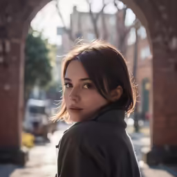 a girl is standing on the sidewalk looking into the camera