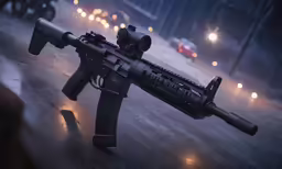 a toy gun is sitting on the ground near some lights