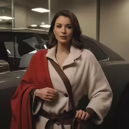 a woman in a trench coat next to a car