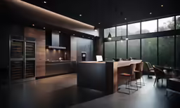 a modern kitchen with all black and wood