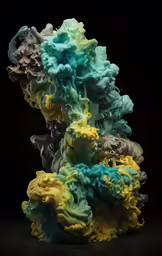a bunch of blue and yellow smoke next to a black background