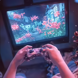 the woman is playing games on her tv screen