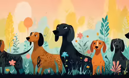 several dogs are sitting in the grass