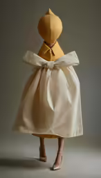 the back view of a doll wearing a white dress