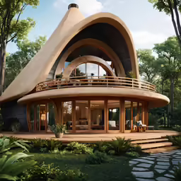 a very interesting house surrounded by trees and grass