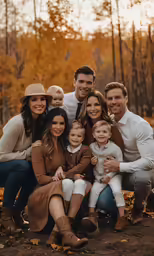family posing for a photo with fall foliage in the background