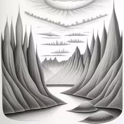 a landscape of mountains and the lake is shown,landscape drawing with mountains, lake and clouds,a drawing that looks like mountains and lake,the landscape is drawn in black ink with mountains, a river and some clouds,drawing in graphite that appears to be a landscape with mountains and clouds in the sky