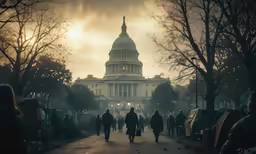 people walking in front of a government building