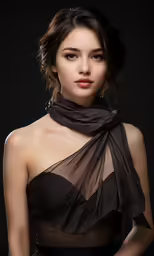 an asian woman in a black halter top and sheer scarf