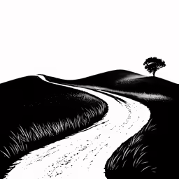 the lone tree on the hill above the path, done in ink