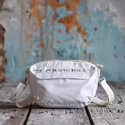 a white bag with writing sitting on top of a wooden table