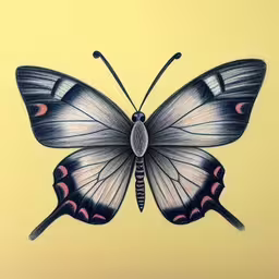 a white butterfly with pink and blue markings,a painted picture of a butterfly sitting on top of a yellow wall,a colorful butterfly sitting on top of a yellow surface,an abstract butterfly with long legs on a yellow background,a drawing of a butterfly on a yellow wall