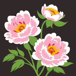 three flowers with green stems on a black background,two pink flowers on a black background