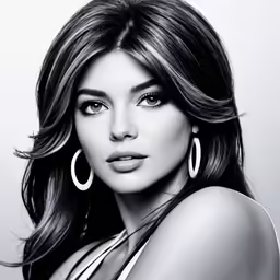 a black and white photo of a woman with large hoop earrings