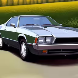 a painting of a camaro car in the street,a drawing of the mustang cobraeye, painted in green