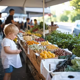 a young child standing in front of a fruit stand
