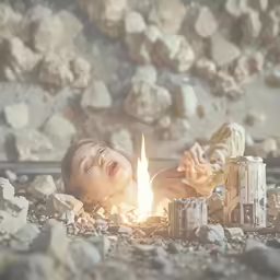 boy laying down on rocks holding a lit flame
