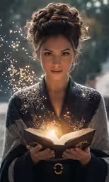 a lady reading a book with sparkling stars coming out of it