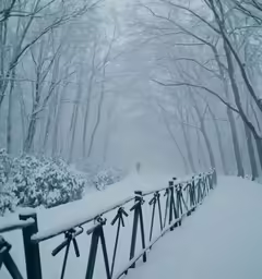a snow - covered pathway with a fence and trees on both sides
