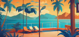 two lounge chairs are sitting on an island with palm trees in the distance,a painting of palm trees and an ocean view