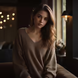 a woman sitting on the couch wearing a sweater