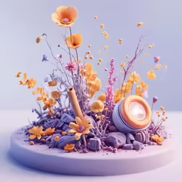 this display has a candle and other decorative objects