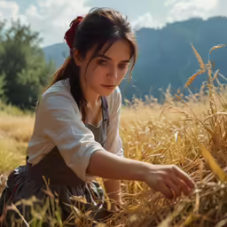 a woman sitting in a field of yellow crops