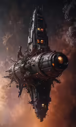 a huge space ship floating through the air