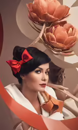 a woman wearing a red bow around her hair