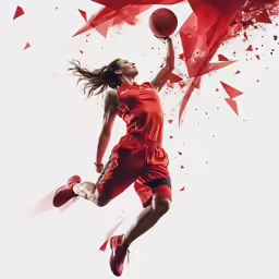 woman basketball player in red jersey leaping up to the basketball