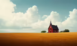 a barn in a field under a blue sky with clouds