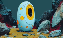 an egg sitting in the middle of a field with rocks and plants behind it