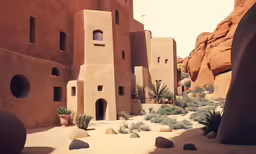 a desert with some plants and a rock