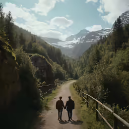 a couple of people walking down a dirt road