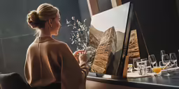 a woman in the mirror with an interactive art piece in her hands