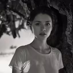 black and white photograph of a woman standing under a tree