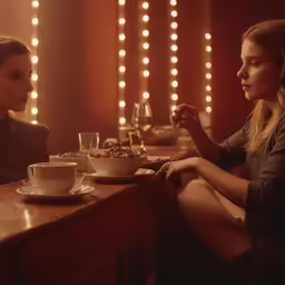 two young women are sitting at the table eating