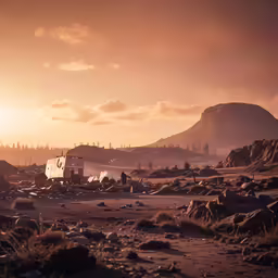 two buildings are in the distance near rocks and mountains