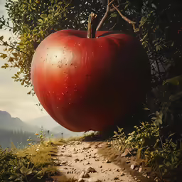 a big red apple hangs on the top of a mountain
