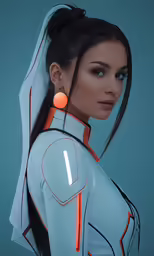 a woman wearing a futuristic suit with long hair