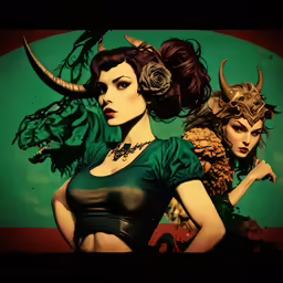 a lady wearing some fancy clothing and horns next to a woman with horns