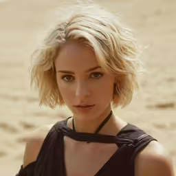 a woman standing on a beach with a short blond haircut