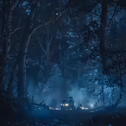 some vehicles driving down a road by a lot of trees