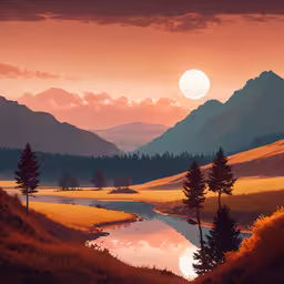 there is a lake in front of a mountain,a painting of mountains near a small body of water