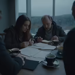 people sitting at a table reading and working together